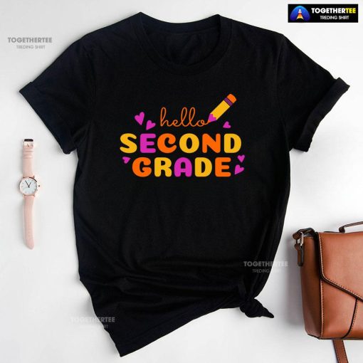 Hello Second Grade 2nd Grade Student Crayon Purple Heart Back To School T-Shirt