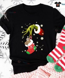 Grinch Hand Holding Sloth In Sock Christmas T-Shirt