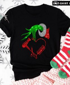 Grinch Hand Holding Hair Dryer Comb Scissors Christmas T-Shirt