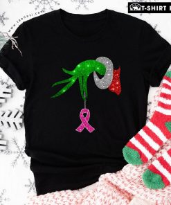 Grinch Hand Holding Breast Cancer Awareness Christmas T-Shirt