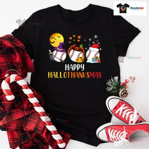Happy Hallothanksmas Baseball Halloween And Christmas Sport Lover T-Shirt