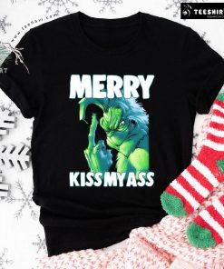Grinch Makes Middle Finger Gesture Merry Kissmyass Christmas T-Shirt