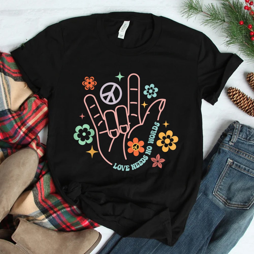 Love Needs No Words Retro Hand Sign Groovy Autism Awareness Shirt Love Needs No Words Retro Hand Sign Groovy Autism Awareness Shirt