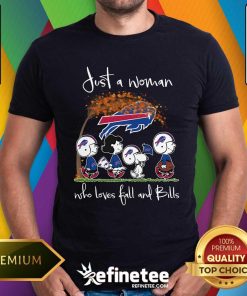 Funny Just A Woman Who Loves Fall And Buffalo Bills NFL X Snoopy T-Shirt