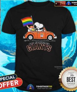 Good Snoopy And Woodstock Drives Car San Francisco Giants Pride Flag T-Shirt