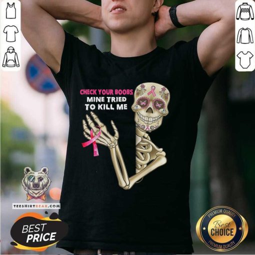 Official Check Your Boobs Skeleton Hand Breast Cancer Awareness T-Shirt