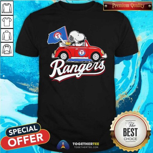 Official Snoopy Drives Car With Texas Rangers Flag T-Shirt