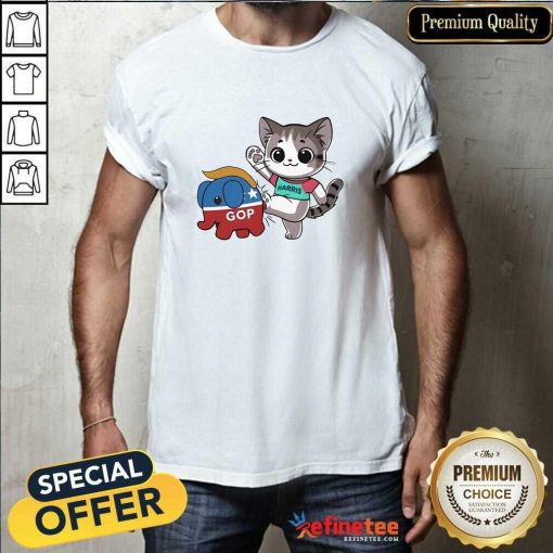 Pretty Kamala Harris Cat Kick Trump Elephant GOP T-Shirt