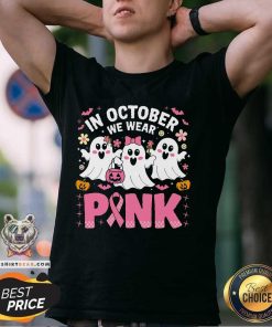 Top In October We Wear Pink Ghost Witch Breast Cancer Awareness T-Shirt