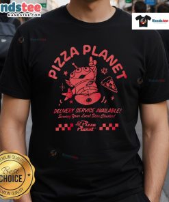 Disney Pixar Toy Story Pizza Planet Delivery Services Available T-Shirt featuring iconic pizza design and vibrant colors.