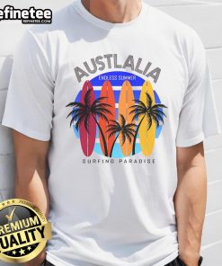 Australia Surfing Paradise Endless Summer T-Shirt featuring vibrant beach graphics and a relaxed fit for surfers.