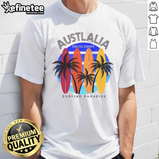 Australia Surfing Paradise Endless Summer T-Shirt featuring vibrant beach graphics and a relaxed fit for surfers.