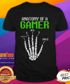 Awesome Anatomy Of A Gamer Skeleton Hand T-Shirt featuring a detailed graphic of a skeleton hand, perfect for gaming enthusiasts.