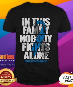 Awesome In This Family Nobody Fights Alone November We Wear Blue T-Shirt promoting awareness and support for cancer patients.