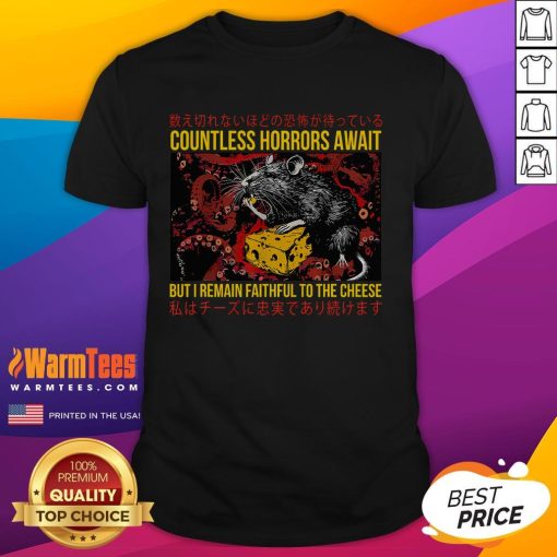 Awesome Japanese Horror Rat Retro T-Shirt featuring eerie designs and the phrase 'Countless Horrors Await' for horror fans.