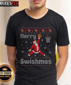 Alt Text: Awesome Merry Swishmas Basketball Dunk Rebound Santa Christmas T-Shirt featuring Santa dunking a basketball.