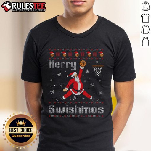 Alt Text: Awesome Merry Swishmas Basketball Dunk Rebound Santa Christmas T-Shirt featuring Santa dunking a basketball.