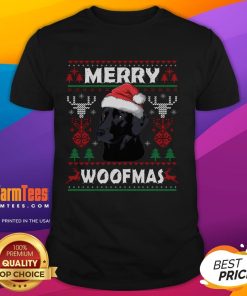 Black Lab wearing a Santa hat, featured on an 'Awesome Merry Woofmas' Xmas T-shirt for dog lovers.