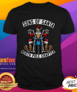 Alt Text: Awesome Sons Of Santa Merry Christmas Rocker Motorcycle Skeleton T-Shirt featuring a festive skeleton on a bike.