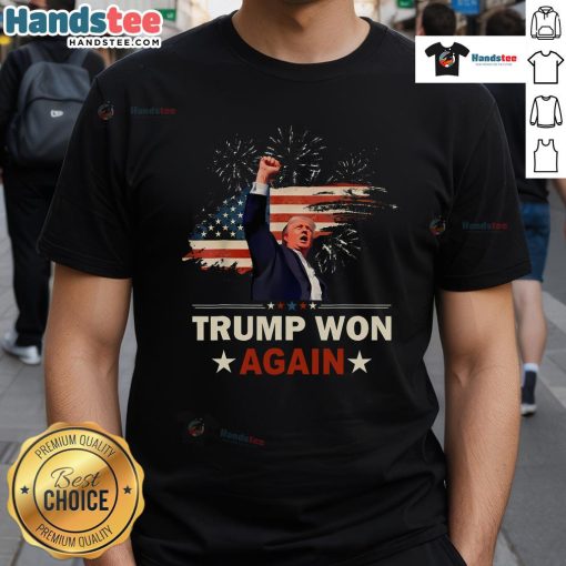Alt Text: Awesome Trump Won Again 2024 Election President 47th T-Shirt with American flag design, celebrating Trump's victory.