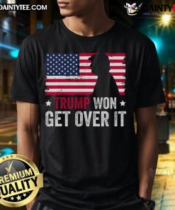 Awesome Trump Won Get Over It 2024 T-Shirt featuring bold graphics and patriotic colors for political enthusiasts.