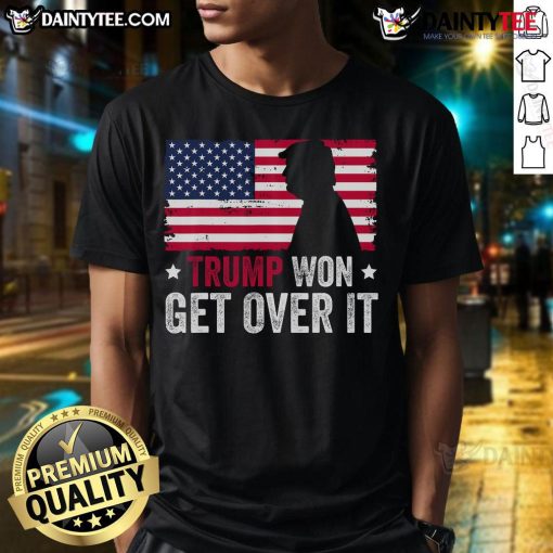 Awesome Trump Won Get Over It 2024 T-Shirt featuring bold graphics and patriotic colors for political enthusiasts.
