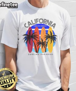 California Surfing Paradise Endless Summer T-Shirt design featuring vibrant waves and surfboards, perfect for beach lovers.