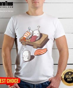 Adorable sleepwalking sushi design on a T-shirt featuring cute Japanese nigiri sushi characters for sushi lovers.
