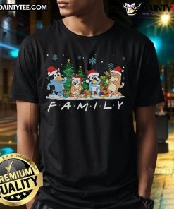 Cute Bluey Family Season 2 Christmas T-Shirt featuring Bluey and Bingo in festive holiday attire.