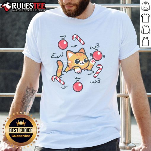 Cute cat on the Christmas tree t-shirt featuring an adorable feline surrounded by festive decorations.