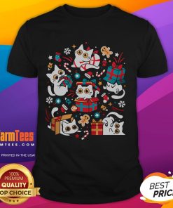 Adorable cat wearing a festive Santa hat on a Cute Christmas Party Cat T-Shirt, perfect for holiday celebrations.