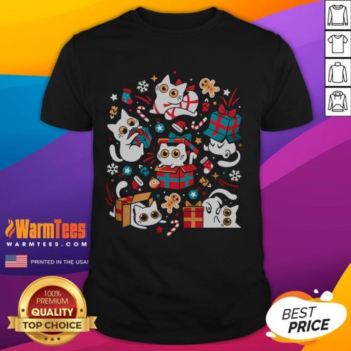 Adorable cat wearing a festive Santa hat on a Cute Christmas Party Cat T-Shirt, perfect for holiday celebrations.