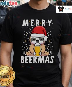 Alt Text: Cute Christmas sloth wearing a Santa hat, holding beer, on a Merry Beermas Merry Christmas T-shirt design.