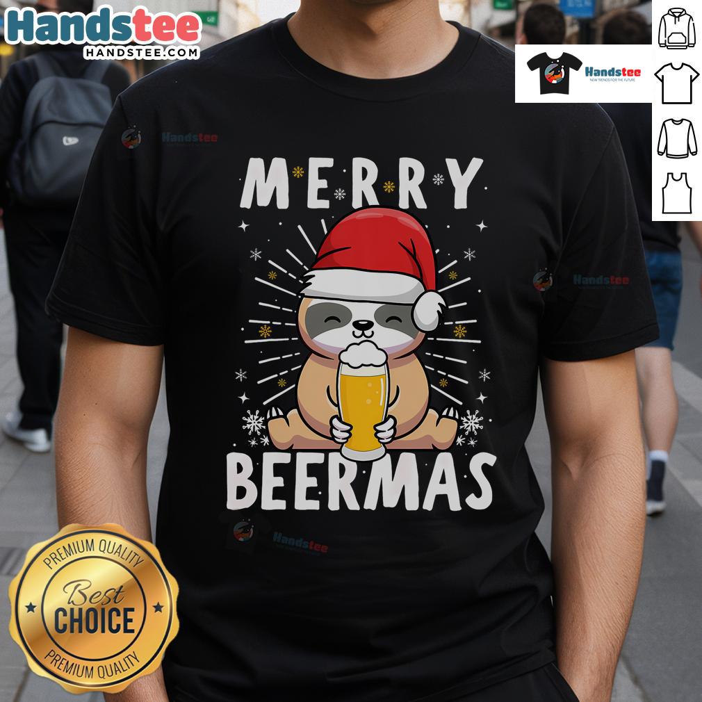 Cute Christmas Sloth Merry Beermas Merry Christmas Sloth Beer T Shirt Alt Text: Cute Christmas sloth wearing a Santa hat, holding beer, on a Merry Beermas Merry Christmas T-shirt design.