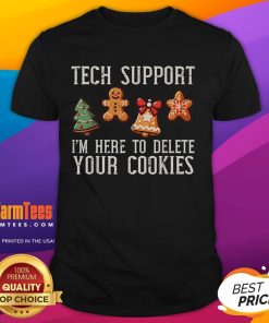 Cute Christmas tech support t-shirt design featuring a festive graphic and the phrase 'Here to Delete Cookies' for holiday cheer.