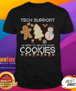 Adorable Christmas tech support T-shirt design featuring 'Delete Cookies' slogan, perfect for holiday tech enthusiasts.
