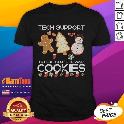 Adorable Christmas tech support T-shirt design featuring 'Delete Cookies' slogan, perfect for holiday tech enthusiasts.
