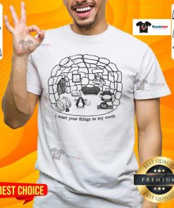 Alt Text: Cute Club Penguin I Want Your Things In My Room T-Shirt featuring playful graphics and vibrant colors for fans.