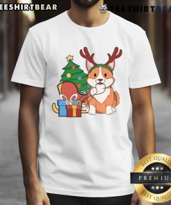 Alt Text: Cute Corgi dog dressed as Santa reindeer on a Christmas gift t-shirt, perfect for holiday pet lovers.