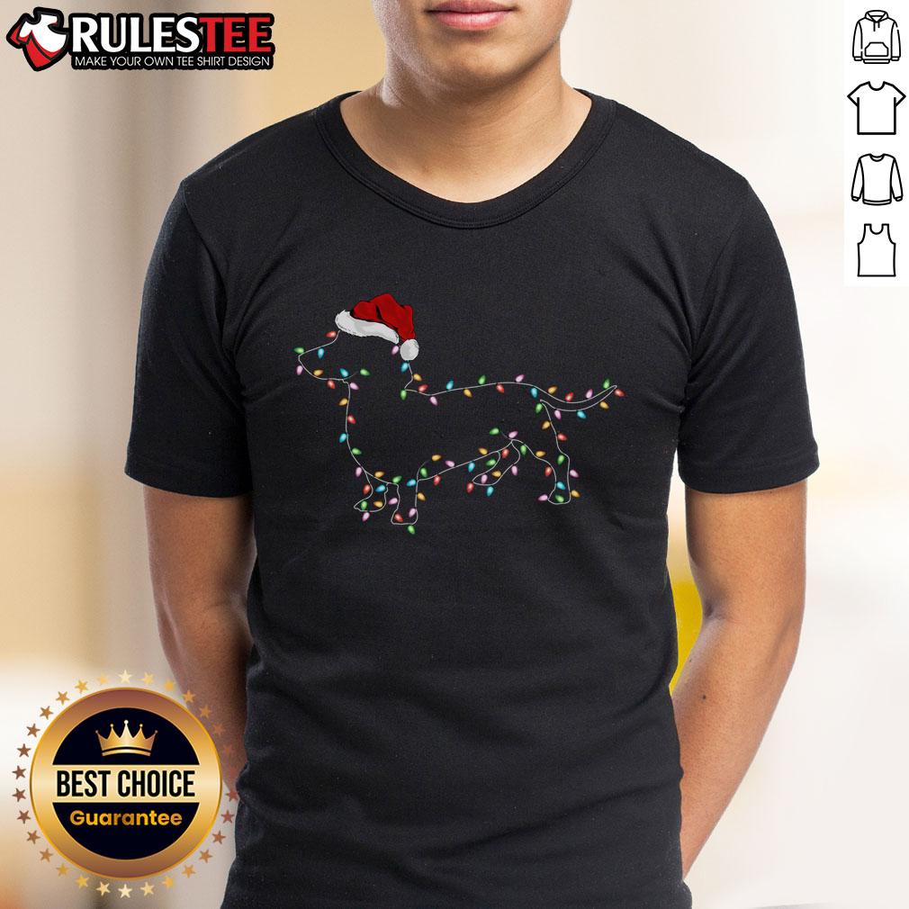 Cute Dachshund Dog Xmas Lighting Santa Hat Dachshund Christmas T Shirt Cute Dachshund dog wearing a Santa hat under Christmas lights, perfect for festive Dachshund Christmas T-shirts.