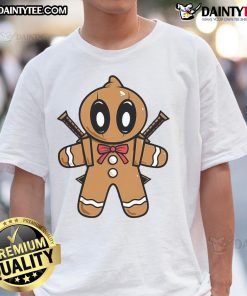 Adorable Deadpool gingerbread pool t-shirt featuring a festive design perfect for holiday cheer and comic fans.