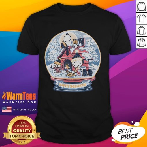 Alt Text: Cute Holiday Snow Globe Snoopy Peanuts T-Shirt featuring Snoopy and festive designs perfect for the winter season.