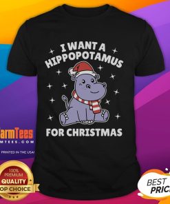 Alt Text: Cute I Want A Hippopotamus For Christmas T-shirt design featuring a playful hippo in festive colors and typography.