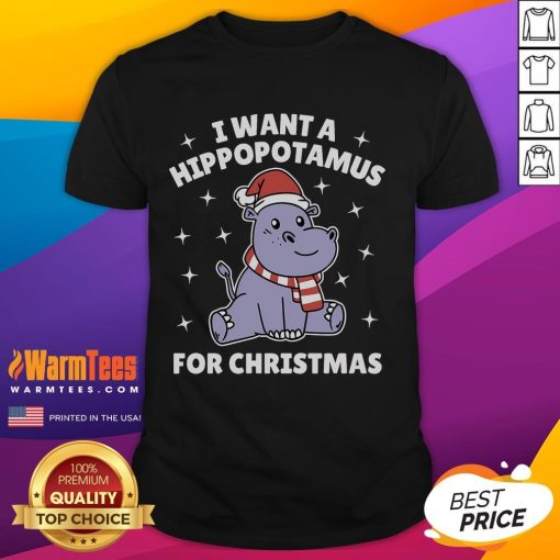 Alt Text: Cute I Want A Hippopotamus For Christmas T-shirt design featuring a playful hippo in festive colors and typography.