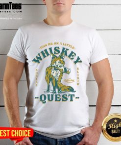Adorable fox graphic on 'Join Me On A Whiskey Quest' bourbon t-shirt, perfect for whiskey lovers and casual wear.