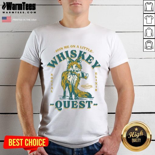 Adorable fox graphic on 'Join Me On A Whiskey Quest' bourbon t-shirt, perfect for whiskey lovers and casual wear.