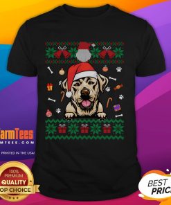 Cute Labrador dog wearing an ugly Christmas Santa hat on a festive Xmas T-shirt, perfect for holiday celebrations.
