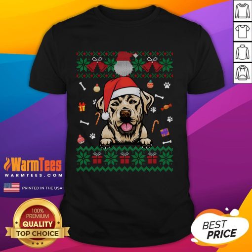 Cute Labrador dog wearing an ugly Christmas Santa hat on a festive Xmas T-shirt, perfect for holiday celebrations.