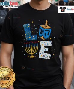 Alt Text: Cute Love Hanukkah decorations featuring a dreidel and menorah on a festive Chanukah T-shirt design.