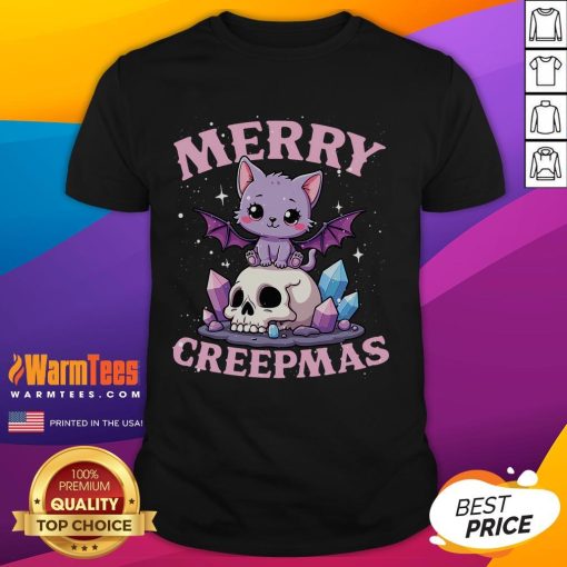 Cute Merry Creepmas Cat T-Shirt featuring pastel goth style and Christmas skull design, perfect for festive feline lovers.